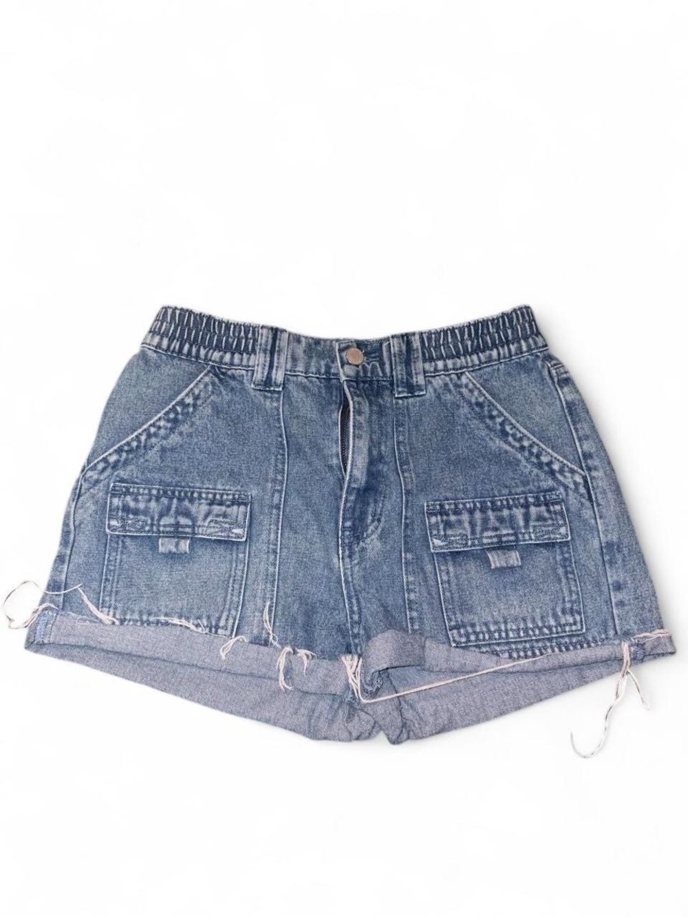 High-Rise Light Blue Denim Cargo Shorts with Elastic Waist